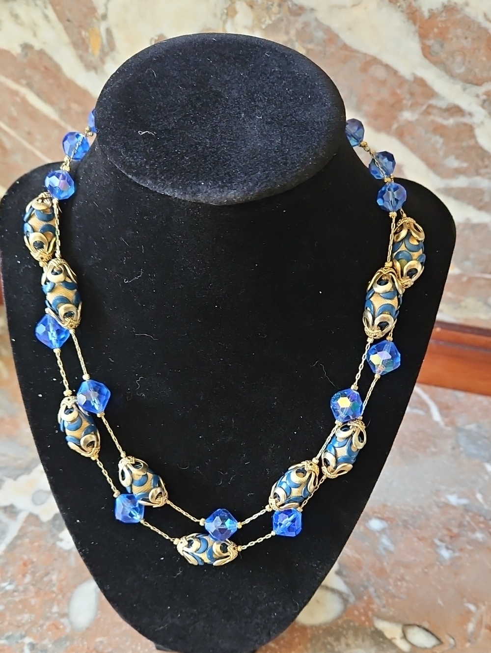 Vintage Blue AB Crystal & Barrel Beads On Chain Two Strand Choker Necklace